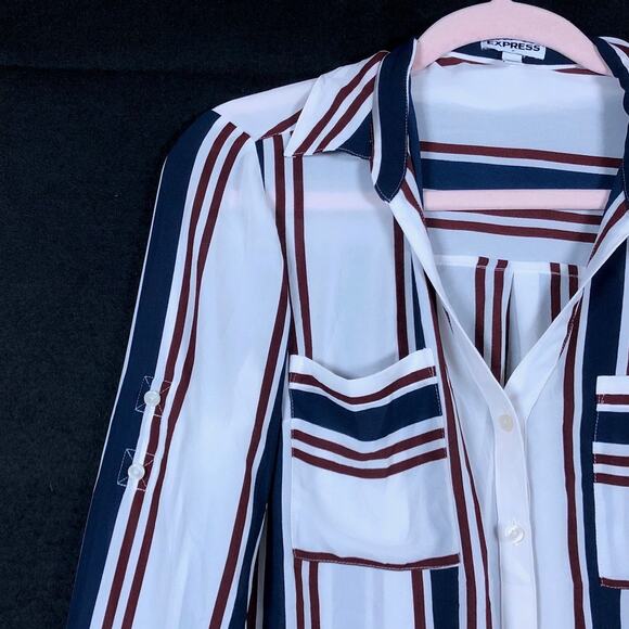 Express Womens Shirt White Multicolor Striped Collared Button Down Roll Tab M - Picture 4 of 12
